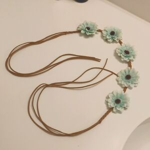 Teal/Green Floral Headband with Brown Strap